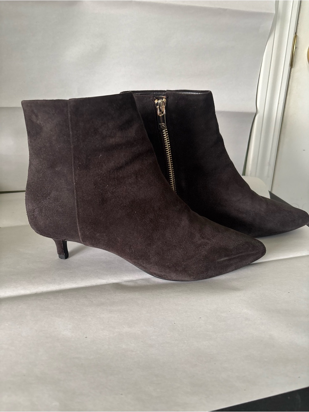 Taryn Rose Nora Dark Brown Suede Ankle Booties with Kitten Heel
